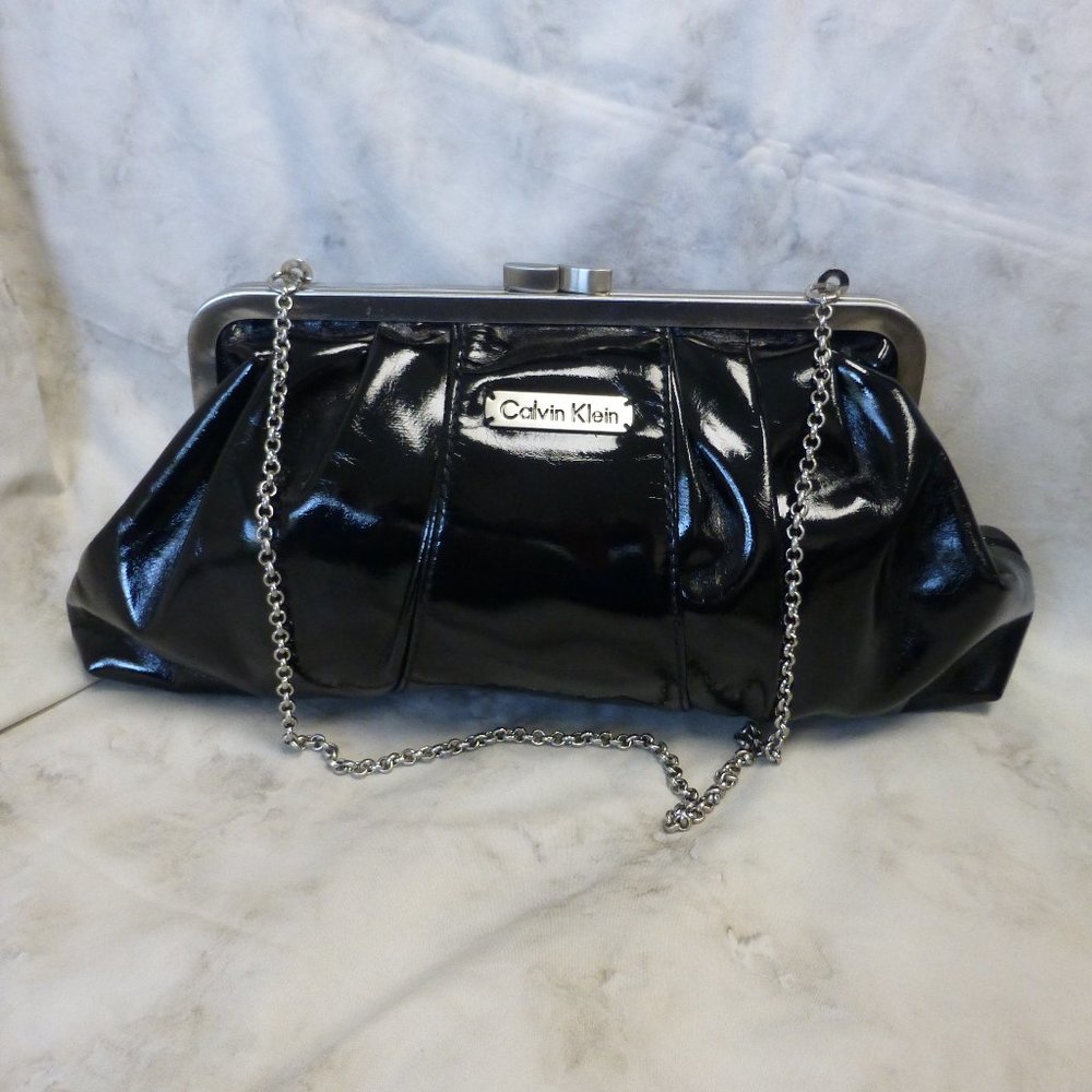 Calvin Klein Black Patent Clutch With Chain Strap